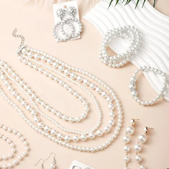 8 Pcs Faux Pearl Jewelry Set include Necklace Earrings Bracelets Women Gift - Picture 7 of 7